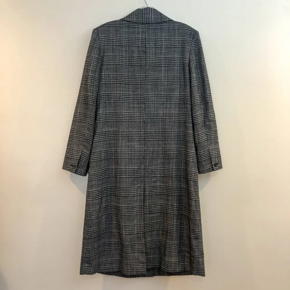 Something Navy Plaid Button Front Long Gray Collared Trench Coat S FLAWED - Picture 7 of 11